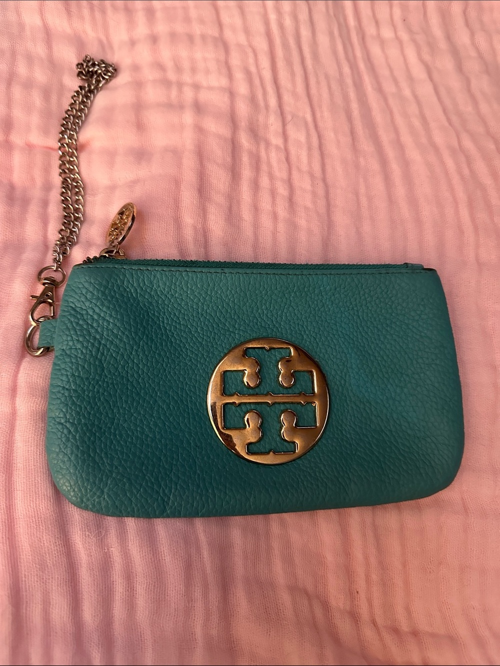 Tory Burch Teal Pebbled Leather Wristlet with Gold Logo VM